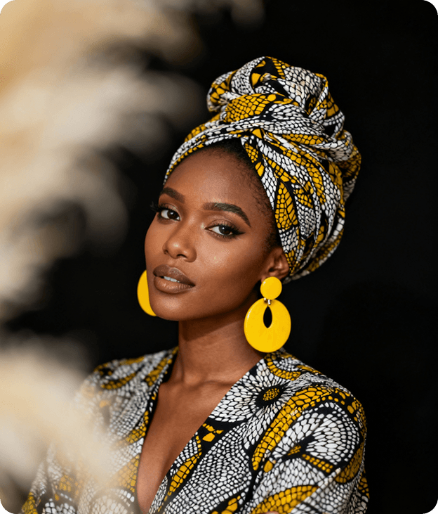 African merchant wearing patterned clothing and headwrap